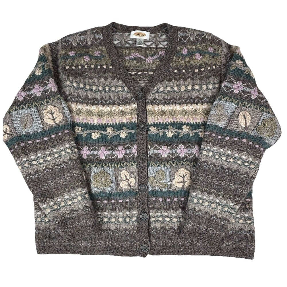 Vintage 90s Fair Isle Irish Wool Sz L Cobain Cardigan Grunge Talbots